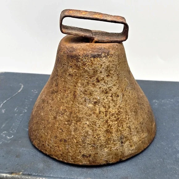 Antique Rustic Iron Cow Bell Primitive Farmhouse Heavy Weathered Patina 4