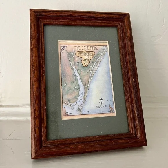 Small Vintage Cape Fear Wilmington Map Table Top Art Map with Wood Frame Decor