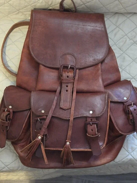 Men's Brown Leather Buckle Backpack