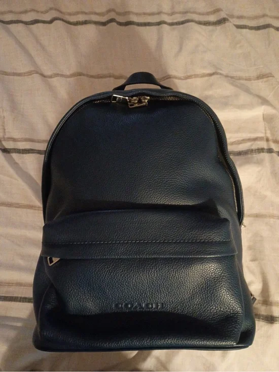 Coach Men's Pebbled Leather Backpack in Navy Blue