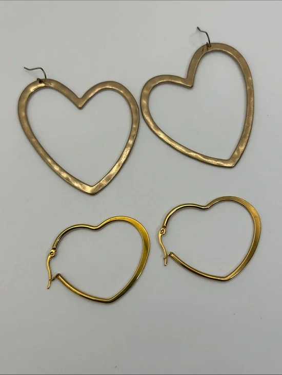 Gold-tone Heart Hoop Earrings 2 Pair Dangle Oversized
