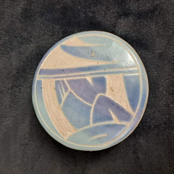 Mexican Acevloza Clay Pottery Trinket Box White Blue Glazed Top Vintage