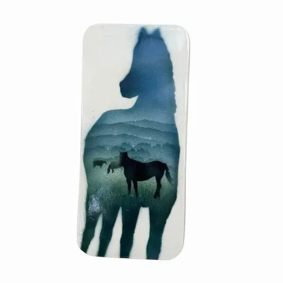 VTG Signed David & Suzanna Enna Handmade Ceramic Art Tile- Horses- Wall Hanging