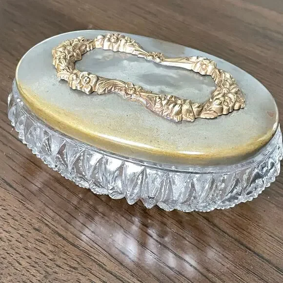 Vintage Art Nouveau Glass Trinket Dish with Metal Lid Vanity Jar Floral Design