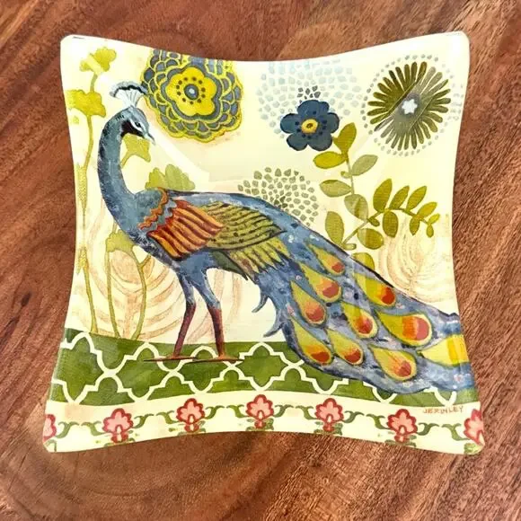 Vintage Art Glass Dish Peacock Floral Trinket Bowl Jennifer Brinley Signed 6