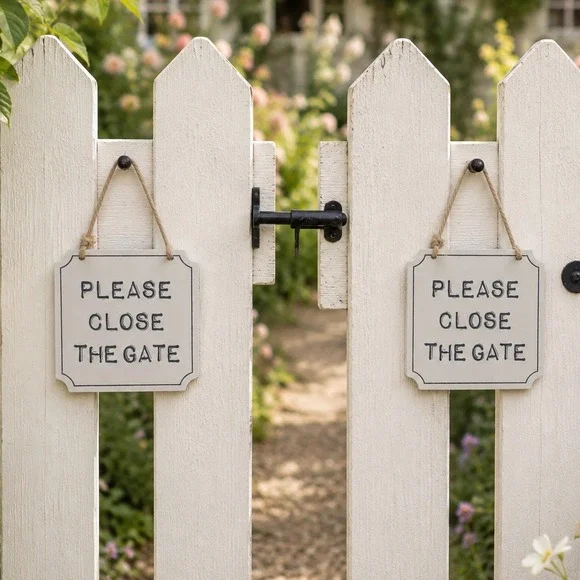 Farmhouse Close the Gate Hanging Sign Set of 2 White Metal 5x5 Cottagecore