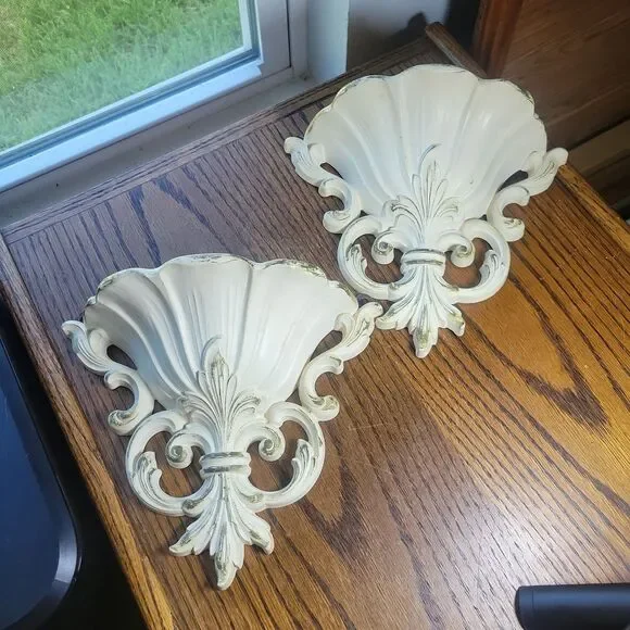 Vtg Syroco Wall Pocket Planter pair Cream & Gold Hollywood Regency style #4446