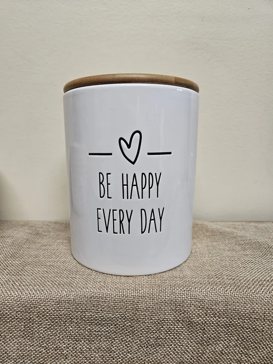 Canister with Lid and 'Be Happy Every Day' Text