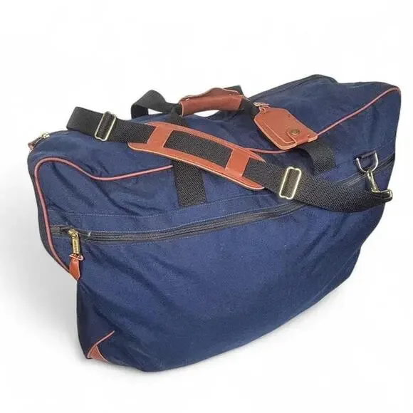 L.L. Bean 90s Vintage Duffle Travel Bag Shoft Shell Suitcase Blue Nylon Leather
