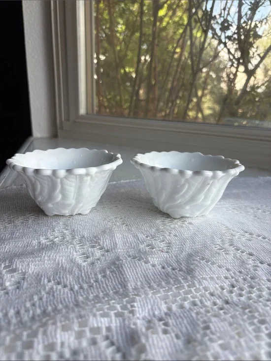 Pair of White Scalloped Milk Glass Candle Holders