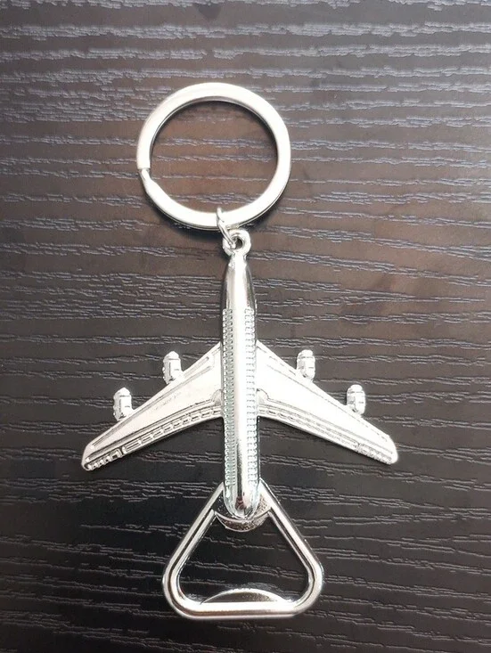 Silver Tone Airplane Bottle Opener Keychain Travel Gift Accessory