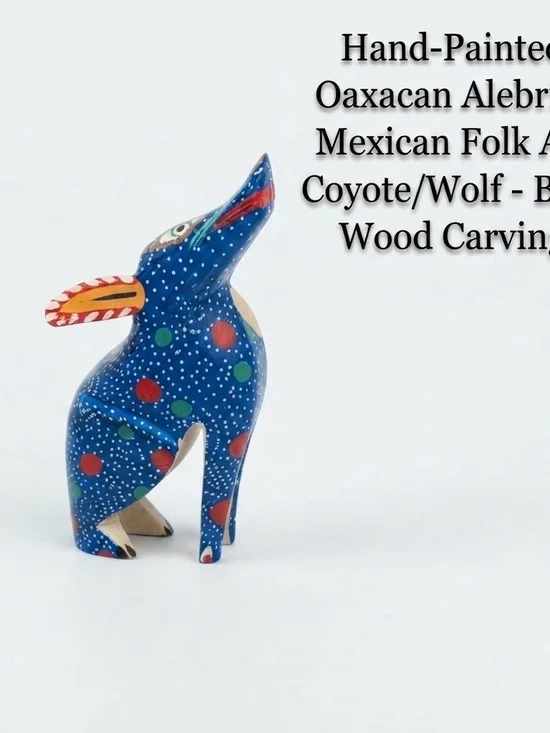 Mexican Oaxacan Alebrije Coyote Wolf Blue Wood Carving Folk Art Figurine 3.75