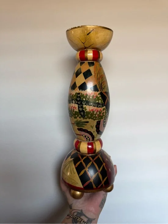Bombay Company Candle Stick Holder Wooden Hand Painted Bold Decorated Pillar 13