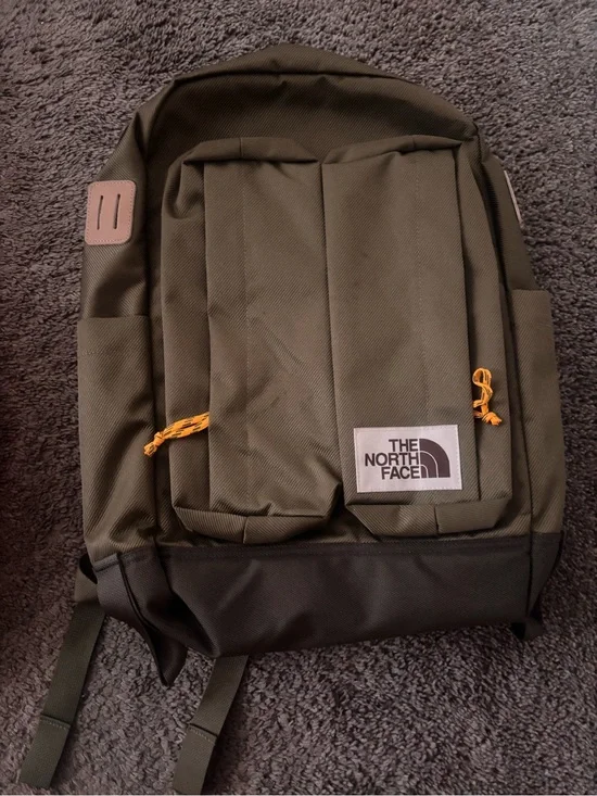The North Face Olive Backpack with Orange Pulls