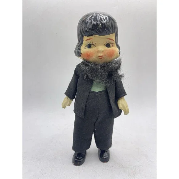 Vintage 7” Amish Man Ceramic Porcelain Doll w/ Black Outfit & Beard Handpainted