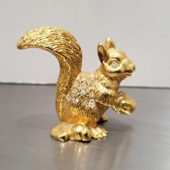 Gold Squirrel Holding Nut Rhinestone Figurine