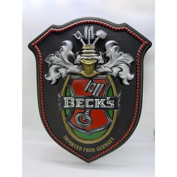 Vintage Beck's Beer Plastic Wall Advertising Shield Sign Coat Of Arms 19”x15.5”