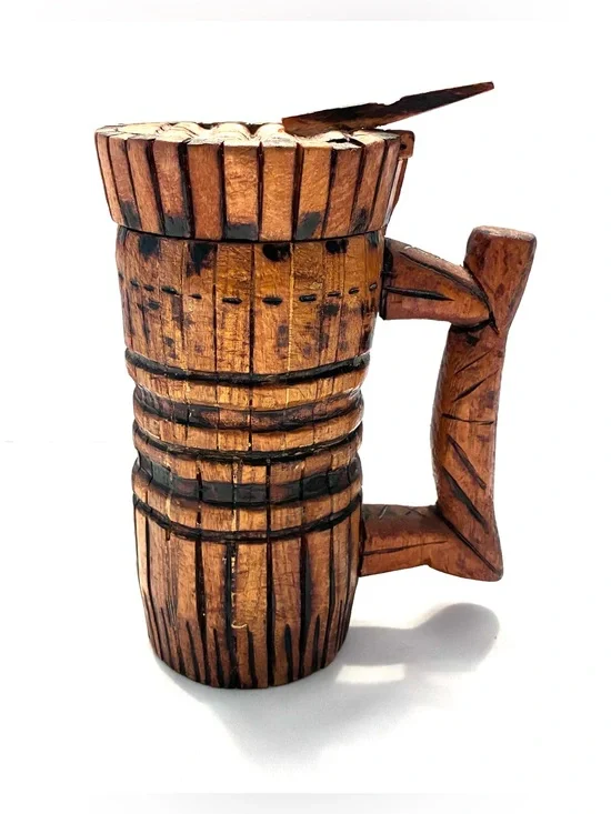 Vintage (1975) handmade, rustic wooden beer tankard