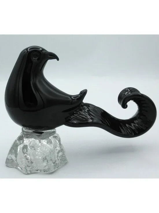 Art Glass Pheasant Figurine Black Glass Clear Base Vintage Heisey? Stunning!