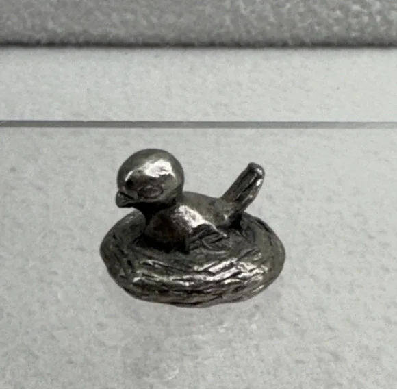 Vintage Pewter Bird Nest Figurine Miniature Shelf Decor Tiny Collectible