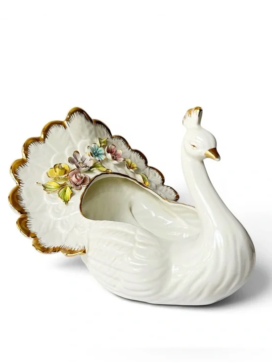 Vintage Capodimonte Peacock Bird Swan Floral Gilt Large Porcelain Planter Vase
