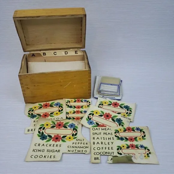 Vintage Wood Recipe Box Dovetail Canister Spice Labels Frozen Stickers MCM