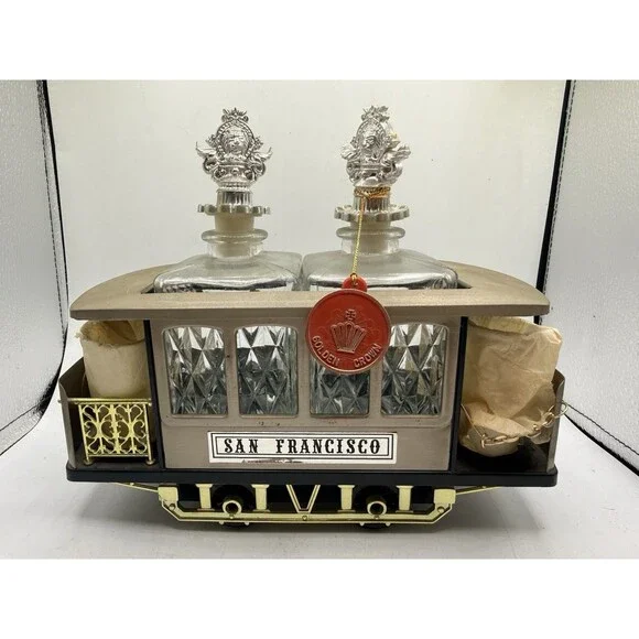 Golden Crown San Francisco Cable Car Decanter Music Box Set - Vintage Bar Ware