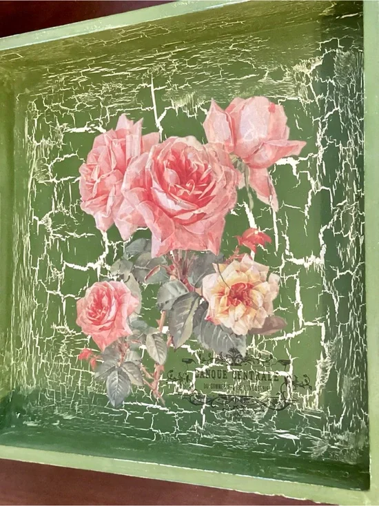 Floral Tray with Pink Roses on Green Crackle Background