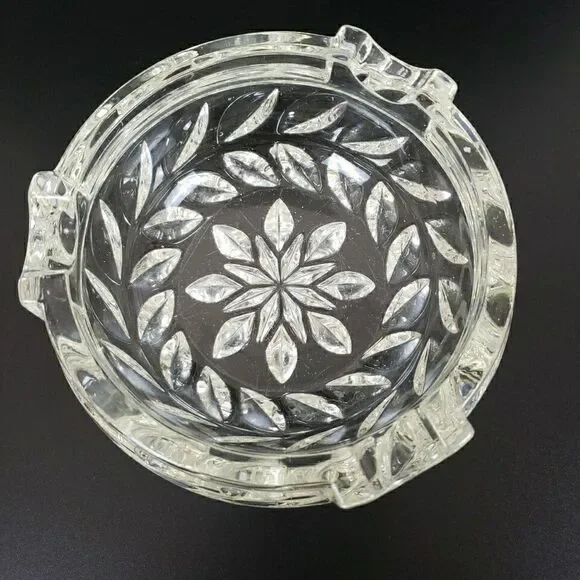 Vintage Cigar Tabletop Ashtray Clear Glass Etched Floral Leaf Band 3 Slots MCM