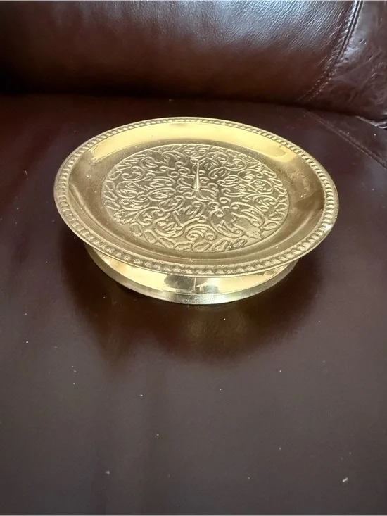 Vintage Brass intricate design candle holder stand a little over 5” wide by 1” t