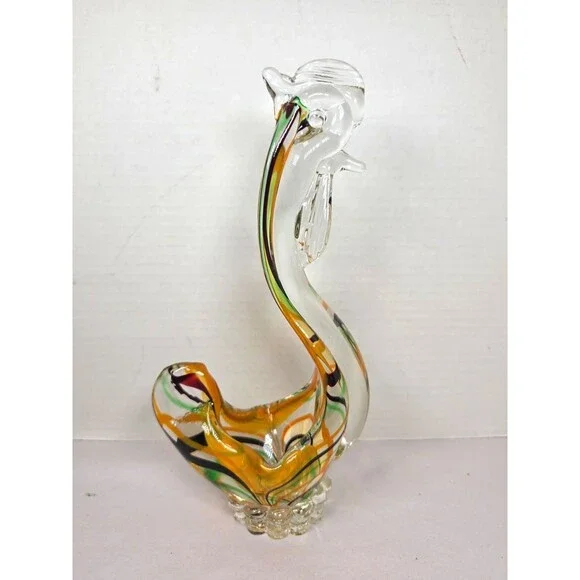 Vintage Romania Art Glass Rooster Figurine Green Orange Brown Clear 10
