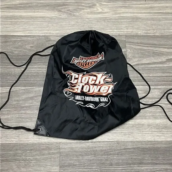 Harley Davidson Gym‎ Bag Black Cinch Drawstring Backpack Sack Biker Flame Fire