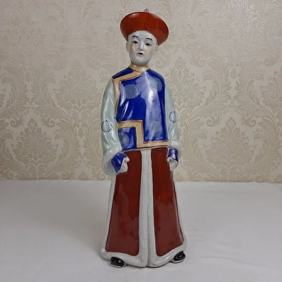 Vintage Porcelain Chinese Boy Statue Traditional Clothing Hand Painted