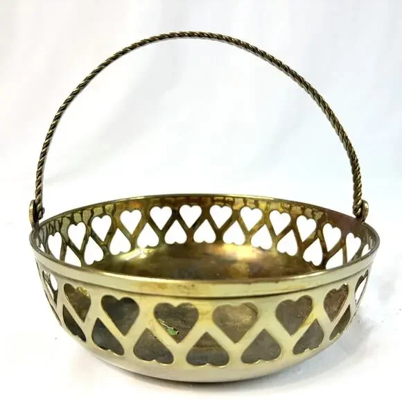 Vintage Solid Brass Pierced Open Heart Basket Bowl with Handle 7.5” Diameter