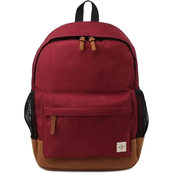 SUN + STONE Burgundy Backpack Canvas School Laptop Bookbag RILEY