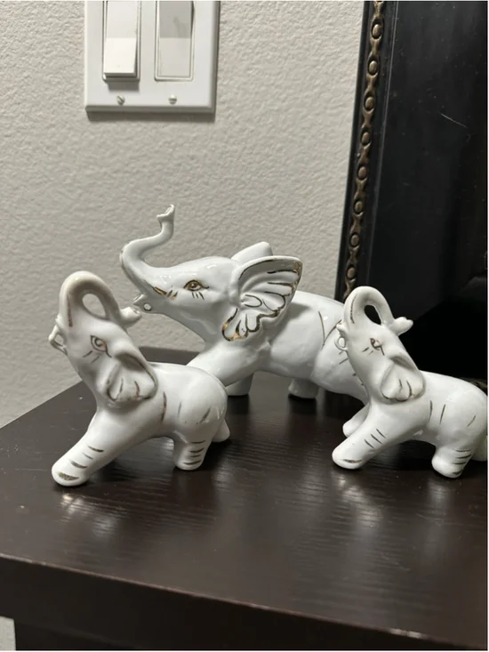 Set of 3 White Porcelain Elephant Figurines with Gold Accents - Figurine Set