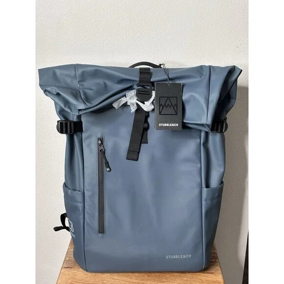 Stubble & Co Roll Top Backpack Blue Laptop Bag Pockets 30L-NWT *logo