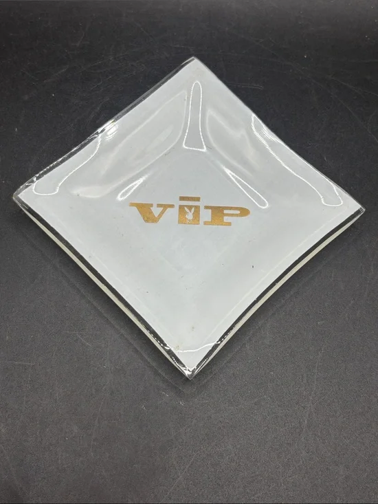 Vintage Playboy Bunny Club VIP Tip Tray Trinket Dish White Gold Glass Home Decor