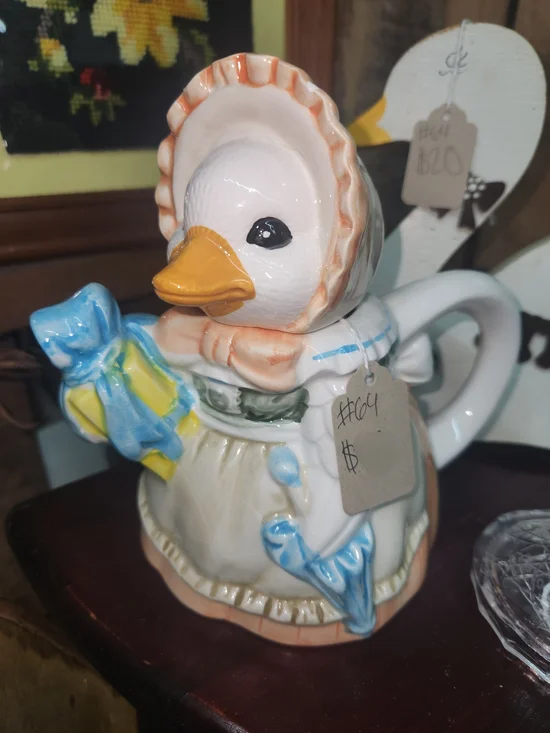 Vintage Ceramic Duck Pitcher with Blue and Yellow Accents