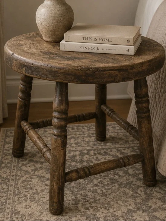 Round Turned-Leg Wooden Accent Stool in Brown Barrel Distressed Wood Turned Legs