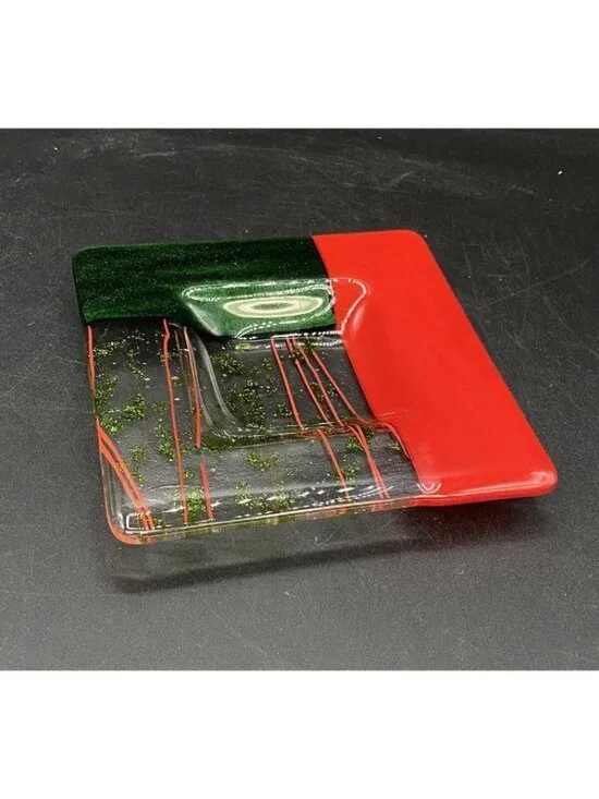 Fused Art Glass Trinket Dish Glitter Dichroic Green & Red 6” Square ￼