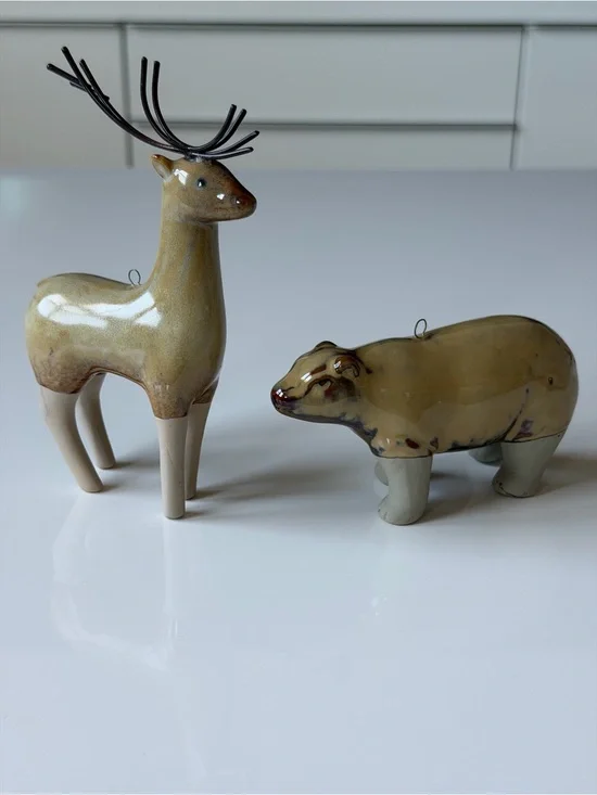 Ceramic Deer and Bear Figurine Set in Glazed Beige Rustic Woodland