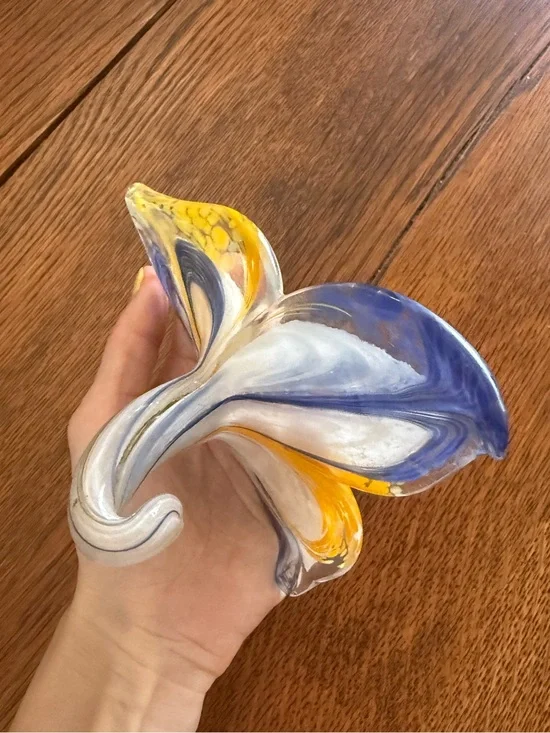 Handblown Art Glass Decorative flower in Blue, Yellow & White