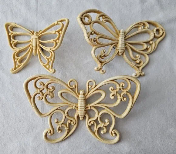 Vintage Homco Home Interiors Set of 3 Faux Wicker Butterflies Wall Hanging Decor