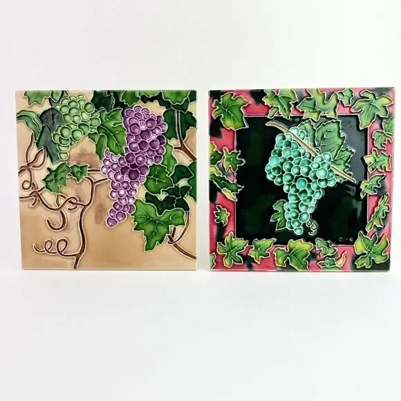 Vines Grapes set of 2 Art Tile 6x6 Decorative Wall Backsplash Free Standing