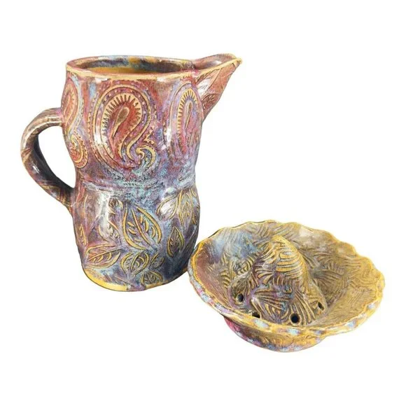 Hand Made‎ Primitive Studio Art Pottery Pitcher With Juice Rimmer Stackable VTG