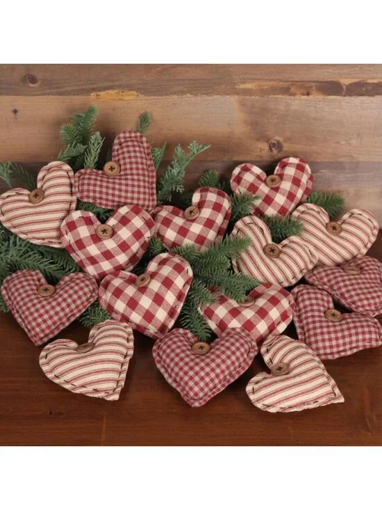 12 Pcs Vintage Heart Ornaments | Rustic Buffalo Plaid Hanging Decor for