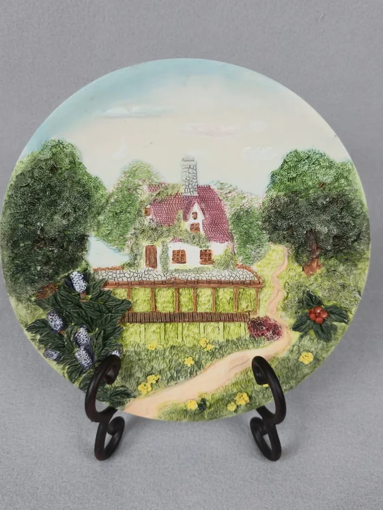 Vintage 3D Chalkware Cottage Wall Plaque – Rustic Countryside Decor – 7.5
