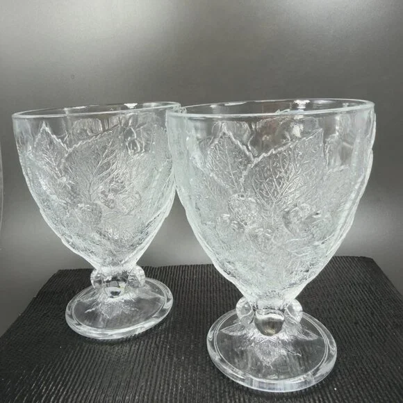 Pasabahce Fruit Embossed Heavy Pressed Glass Goblets Clear Cups Glasses Set‎ 2