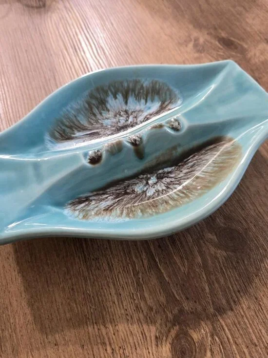 Vintage Mid Century Modern Drip Glaze 9” Ceramic Double Ashtray ATOMIC USA
